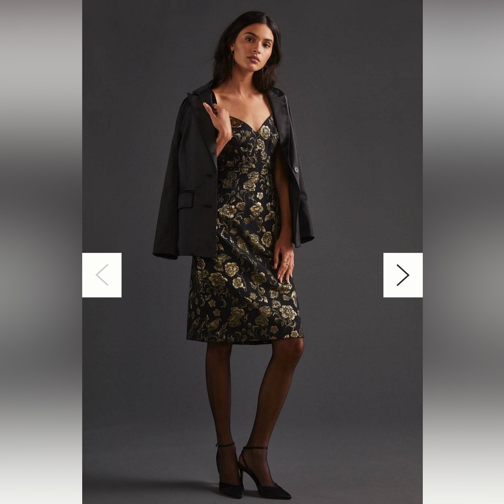 New Anthropologie Maeve slim Jacquard black and gold Mini Dress Size 00